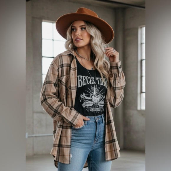 La Miel Tops - La Miel Tan Camel Plaid Button Down Flannel Small